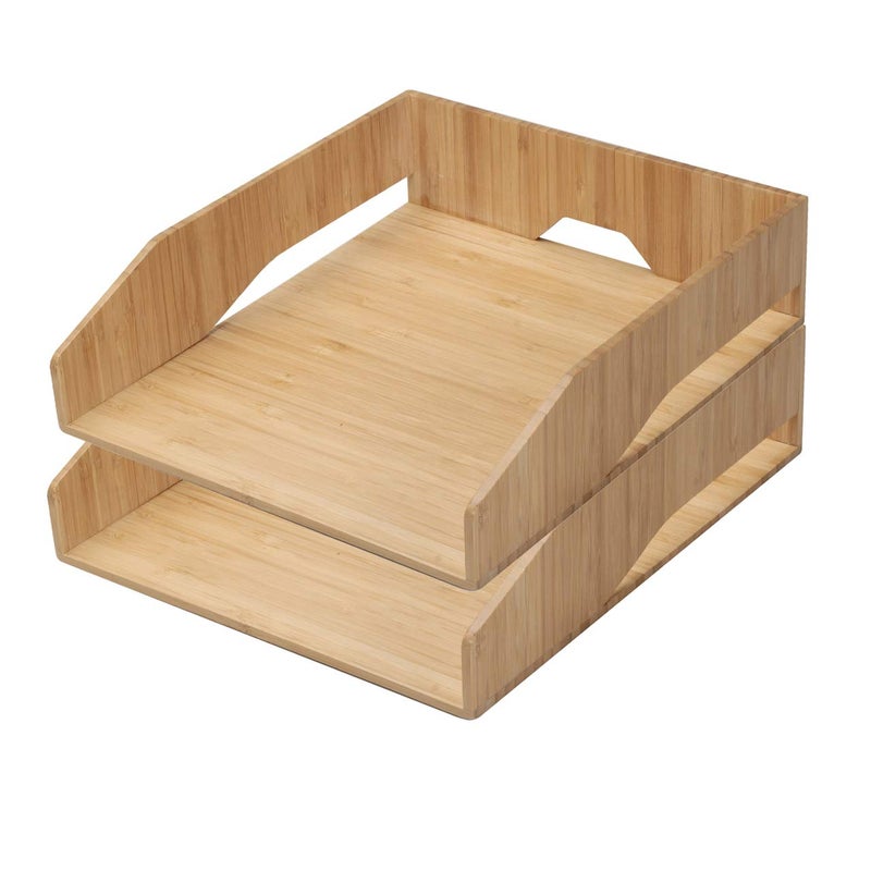 MobileVision 2 Pack Stackable Bamboo Paper Tray Office Organizer for Files, Documents, Letter Sorter, Envelopes and Magazine Holder - Image 1
